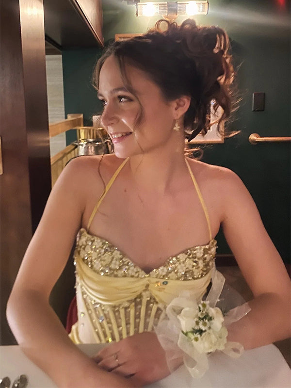 Sexy Yellow Halter V-Neck Side Slit Mermaid Long Prom Party Dress,PDS11790