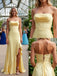 Yellow Ruffles Sleeveless Ruched Side Slit Mermaid Long Prom Party Dress,PDS11839