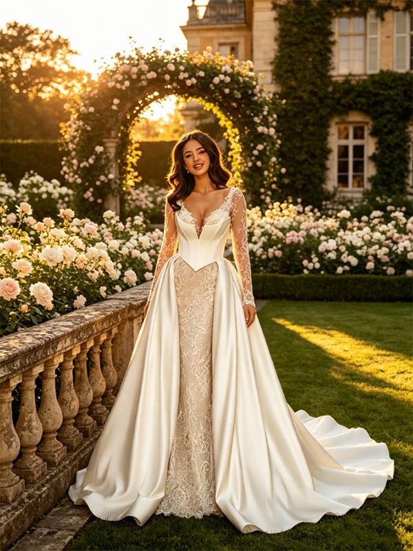 Elegant V-Neck Lace Sleeves Satin A-Line Floor Length Wedding Dresses, WD0393