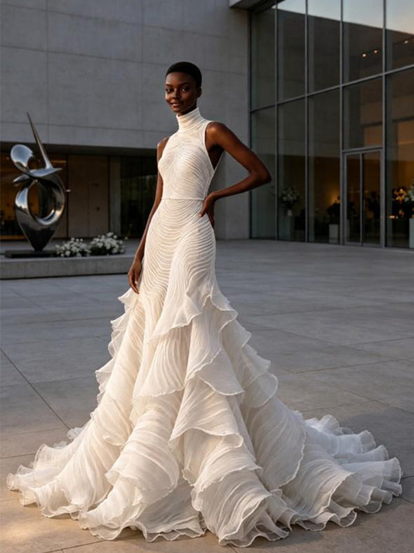 Luxury Ruffles Halter Pleats Sleeveless Mermaid Floor Length Wedding Dresses, WD0377