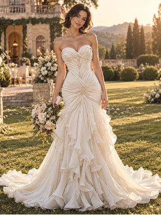 Luxurious Sweetheart Ruched Ruffled Chiffon Mermaid Wedding Dress, WD0411