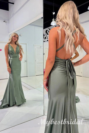 Sexy V-neck Open Back Sleeveless Mermaid Long Prom Dress,PDS11751
