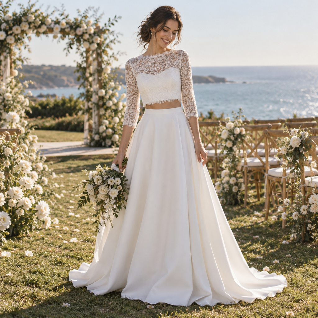 Boho Lace 3/4 Sleeve Two Piece Chiffon A-Line Wedding Dress, WD0412