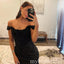 Black Off Shoulder Sleeveless Side Slit Mermaid Floor Length Prom Dress,PDS11636