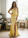 Glam Yellow Satin Sweetheart Corset Slit Mermaid Long Prom Gown,PDS118744