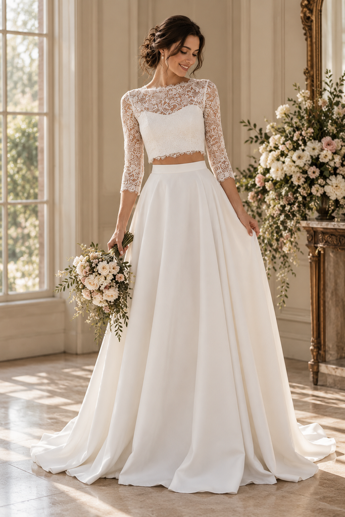 Boho Lace 3/4 Sleeve Two Piece Chiffon A-Line Wedding Dress, WD0412