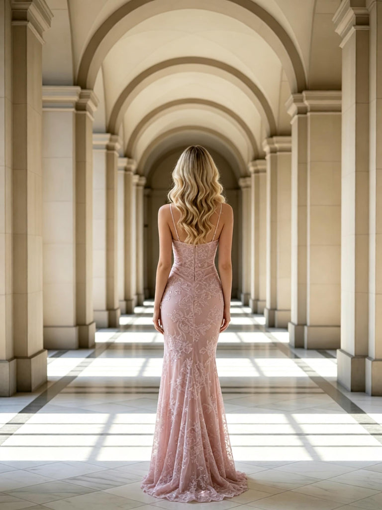 Dusty Pink Floral Lace Spaghetti Strap Mermaid Floor Length Prom Dress,PDS118553
