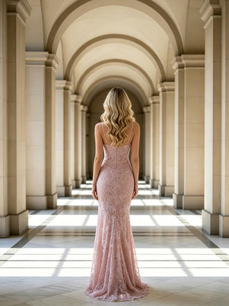 Dusty Pink Floral Lace Spaghetti Strap Mermaid Floor Length Prom Dress,PDS118553