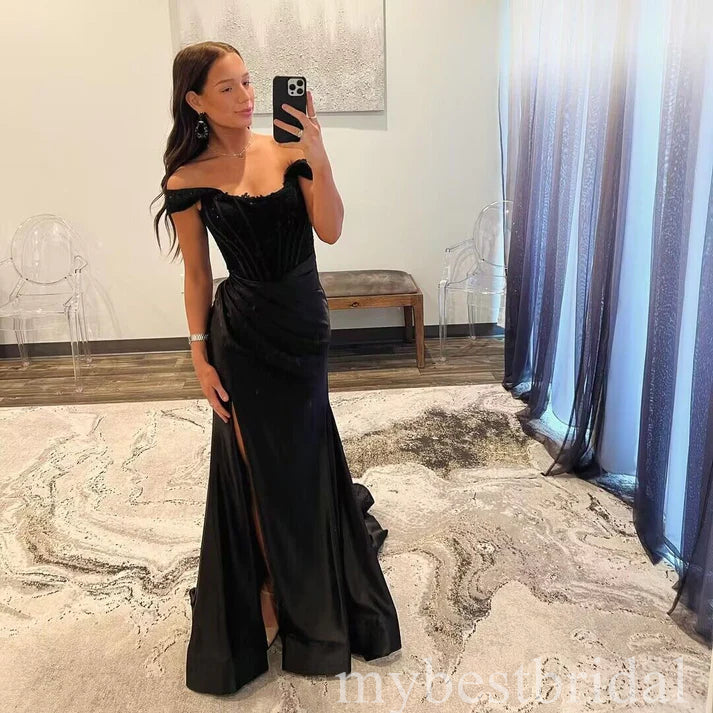 Black Off Shoulder Sleeveless Side Slit Mermaid Floor Length Prom Dress,PDS11636