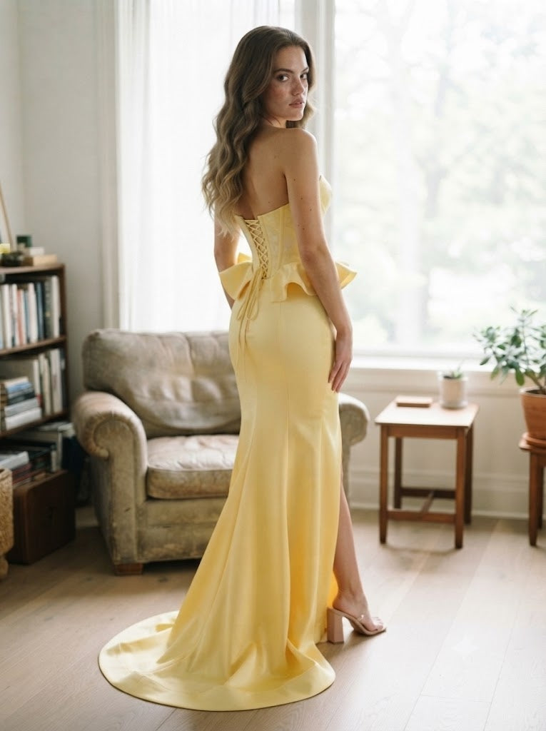 Glam Yellow Satin Sweetheart Corset Slit Mermaid Long Prom Gown,PDS118744