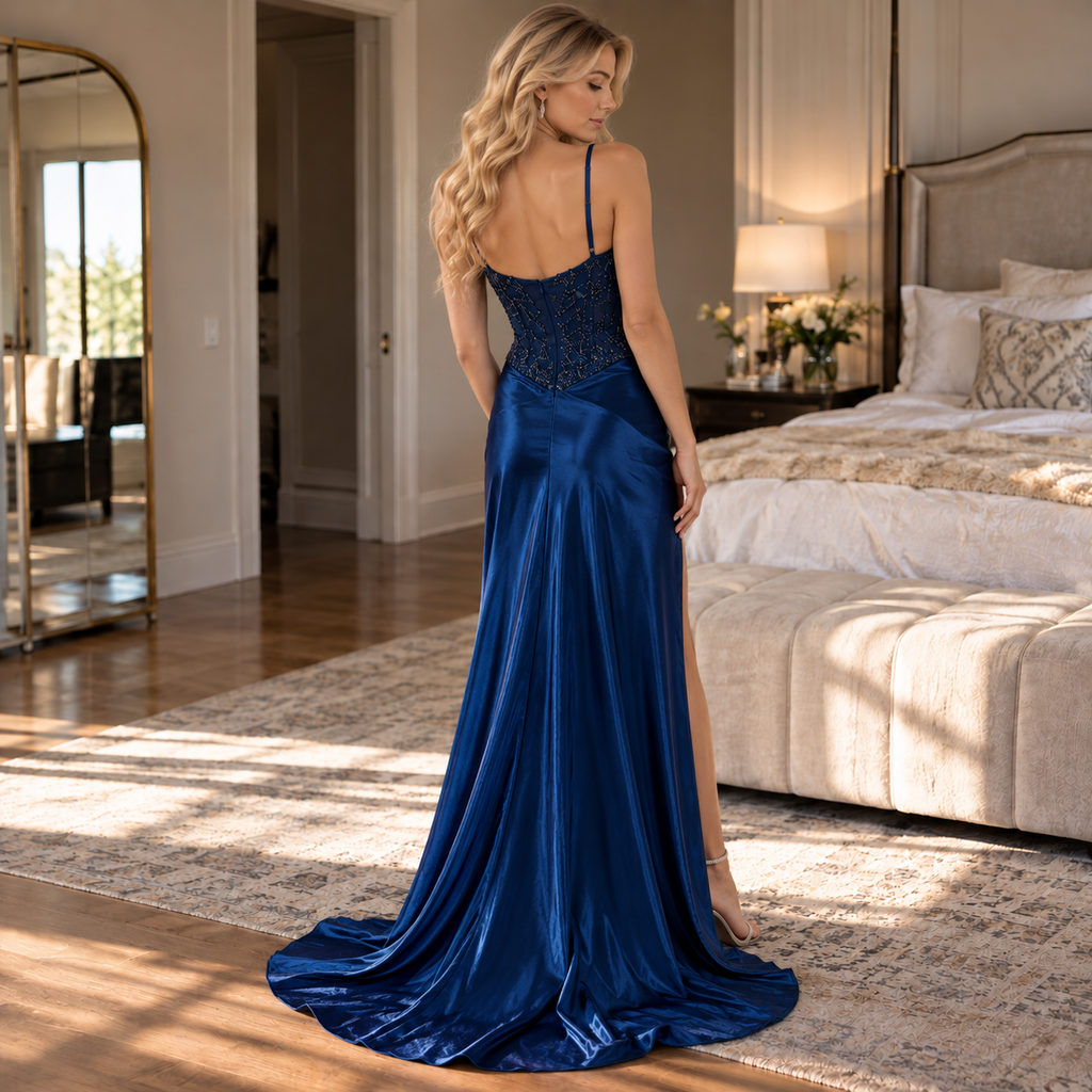 Exquisite Spaghetti Strap Beaded Lace Satin Mermaid Slit Long Evening Dress,PDS118653