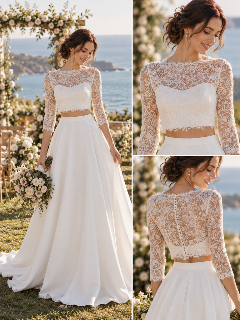 Boho Lace 3/4 Sleeve Two Piece Chiffon A-Line Wedding Dress, WD0412