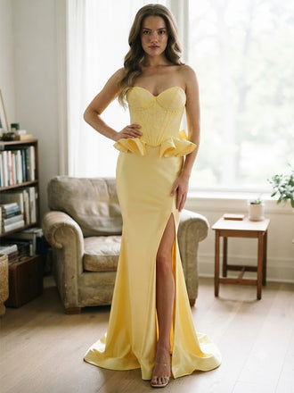 Glam Yellow Satin Sweetheart Corset Slit Mermaid Long Prom Gown,PDS118744