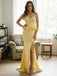 Glam Yellow Satin Sweetheart Corset Slit Mermaid Long Prom Gown,PDS118744