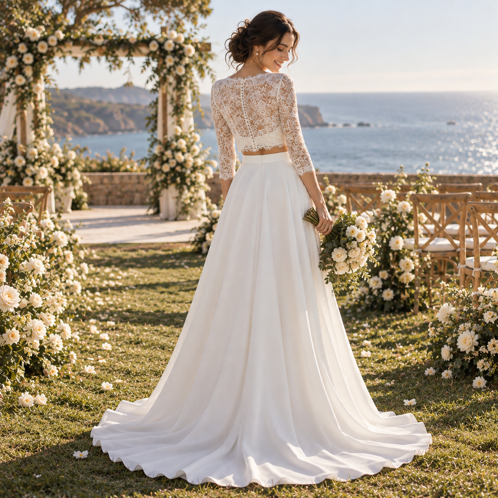 Boho Lace 3/4 Sleeve Two Piece Chiffon A-Line Wedding Dress, WD0412