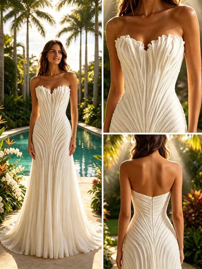 Elegant V-Neck Pleats Sleeveless Mermaid Floor Length Wedding Dresses, WD0378