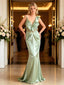 Pretty Ruffles V-Neck Sleeveless Mermaid  Lace Satin Long Prom Party Dress,PDS118533