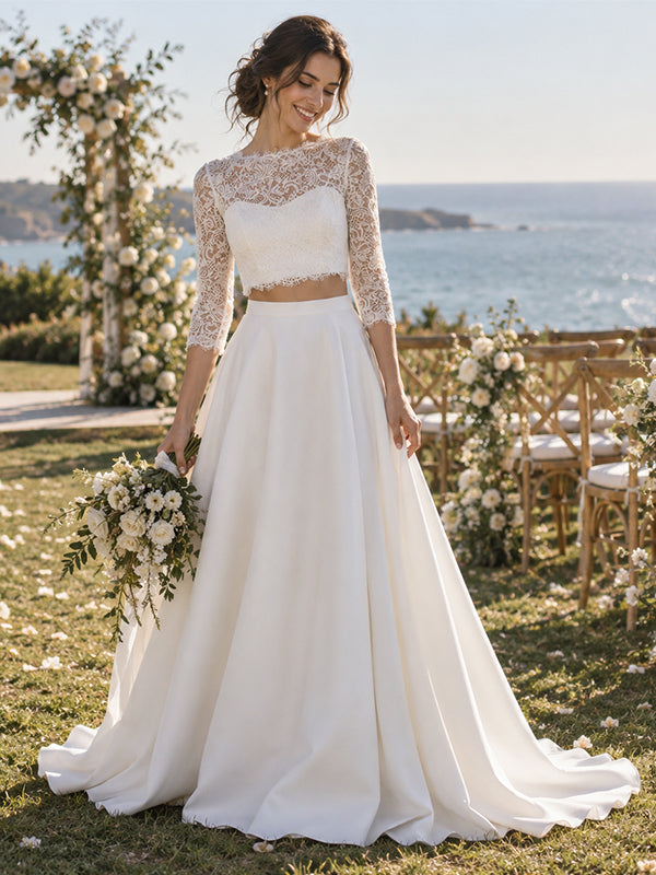 Boho Lace 3/4 Sleeve Two Piece Chiffon A-Line Wedding Dress, WD0412