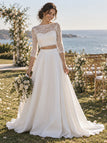Boho Lace 3/4 Sleeve Two Piece Chiffon A-Line Wedding Dress, WD0412