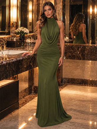 Sophisticated Olive Green Jersey Halter Draped Ruched Mermaid Evening Dress,PDS118824