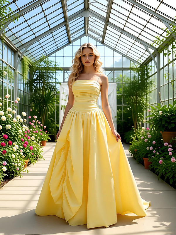 Pretty Spaghetti Straps Pleats Satin Ruched A-Line Long Prom Party Dress,PDS11841
