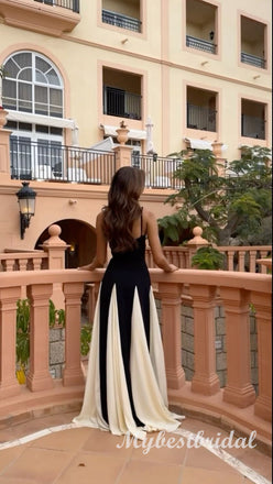 Black and White Spaghetti Straps Sleeveless A-line Long Prom Dress,PDS11747