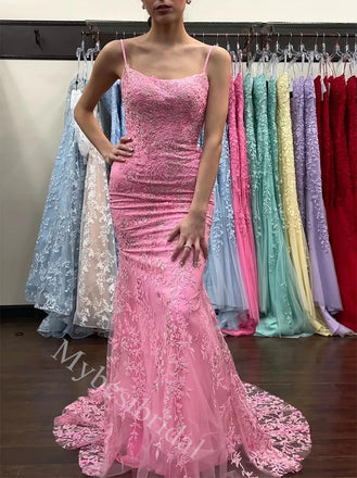 Sexy Spaghetti Straps Sleeveless Lace Applique Mermaid Long Prom Dress,PDS11566