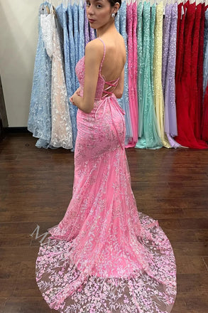 Sexy Spaghetti Straps Sleeveless Lace Applique Mermaid Long Prom Dress,PDS11566