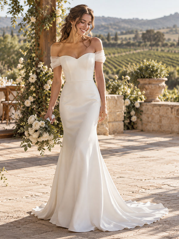 Delicate Off Shoulder Sleeveless Satin Mermaid Long Wedding Gown, WD0413