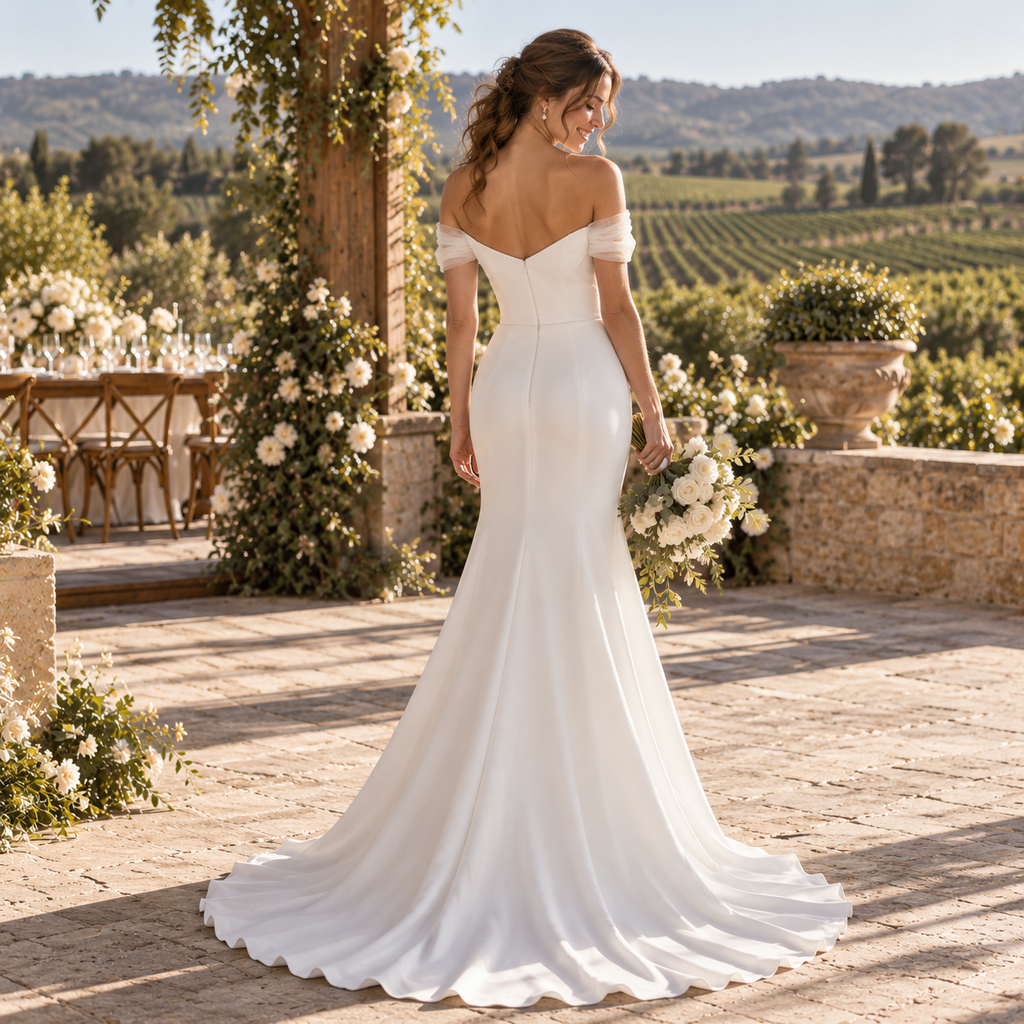Delicate Off Shoulder Sleeveless Satin Mermaid Long Wedding Gown, WD0413
