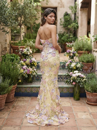 Dreamy Pale Yellow Tulle 3D Floral Strapless Mermaid Evening Dress,PDS118745