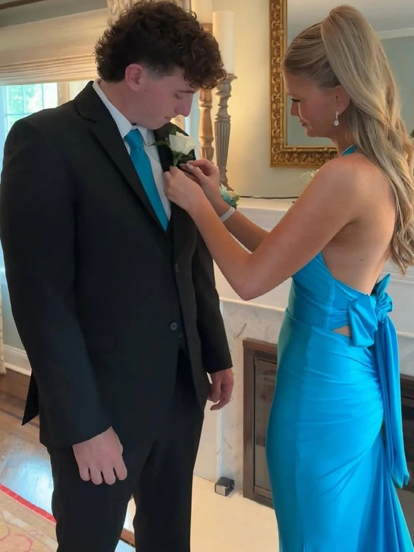 Sexy Blue Halter V-Neck Sleeveless Mermaid Long Prom Party Dress,PDS11792