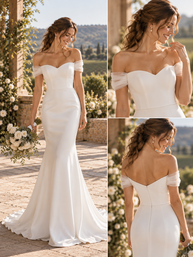 Delicate Off Shoulder Sleeveless Satin Mermaid Long Wedding Gown, WD0413