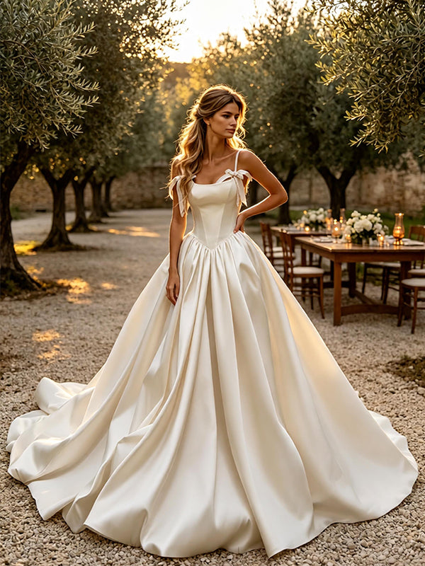Lovely Spaghetti Straps Sleeveless Satin A-Line Floor Length Wedding Dresses, WD0373