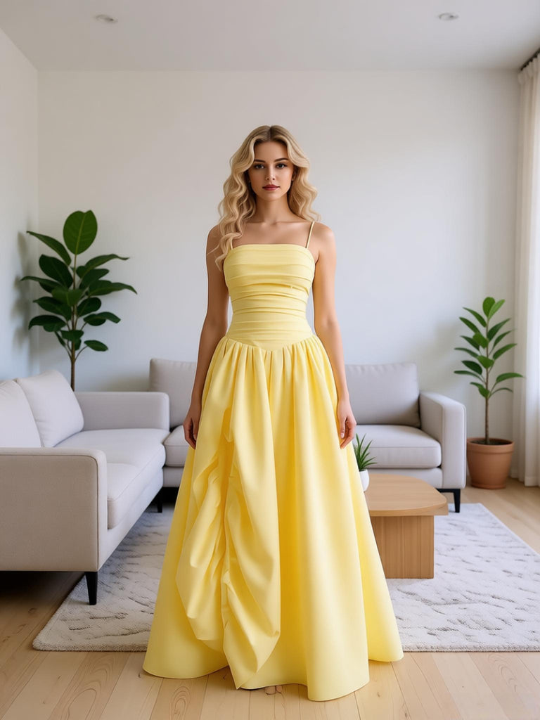 Pretty Spaghetti Straps Pleats Satin Ruched A-Line Long Prom Party Dress,PDS11841