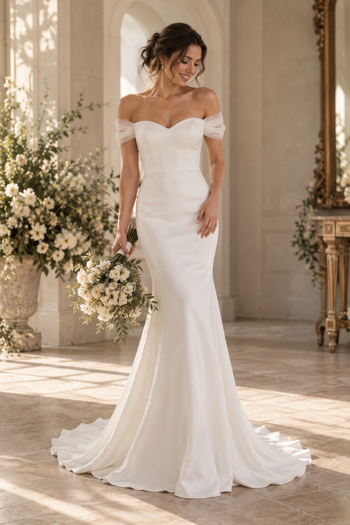 Delicate Off Shoulder Sleeveless Satin Mermaid Long Wedding Gown, WD0413