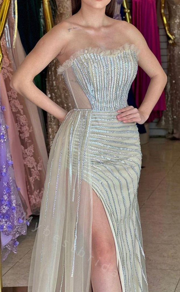 Sexy Strapless Side Slit Sleeveless Mermaid Long Prom Dress,PDS11511