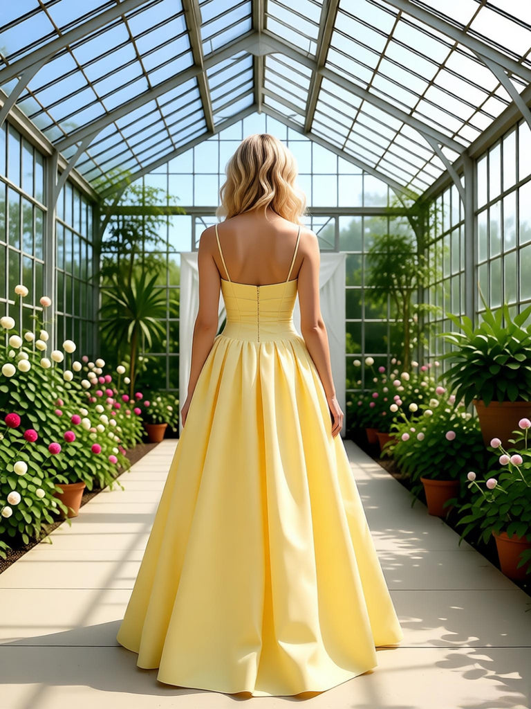 Pretty Spaghetti Straps Pleats Satin Ruched A-Line Long Prom Party Dress,PDS11841