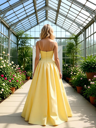 Pretty Spaghetti Straps Pleats Satin Ruched A-Line Long Prom Party Dress,PDS11841