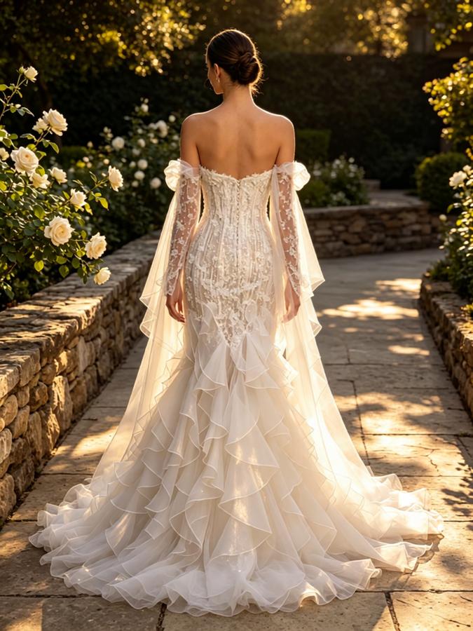 Stunning Off Shoulder Lace Appliques Tulle Floor Length Wedding Dresses, WD0396