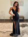 Black V-neck Sleeveless Side Slit Mermaid Floor Length Prom Dress,PDS11637