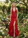 Stunning Red Lace Satin Halter V Neck Ruffled Slit Mermaid Formal Dress,PDS118746