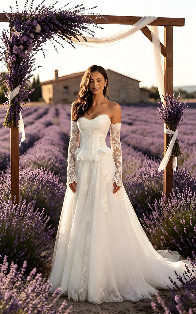 Luxury V-Neck Strapless Lace A-Line Floor Length Wedding Dresses, WD0374