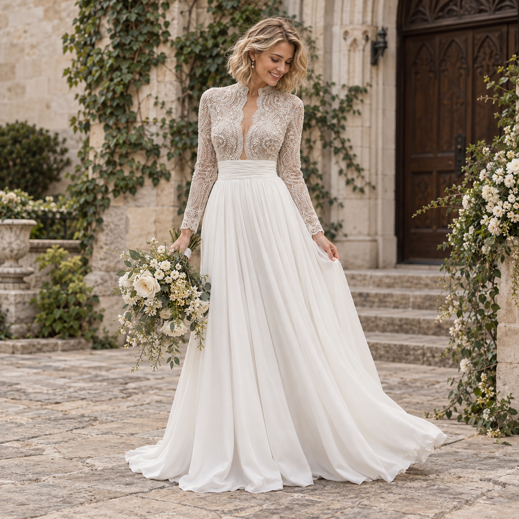 Exquisite High Collar Beaded Lace Long Sleeve Chiffon Wedding Dress, WD0414