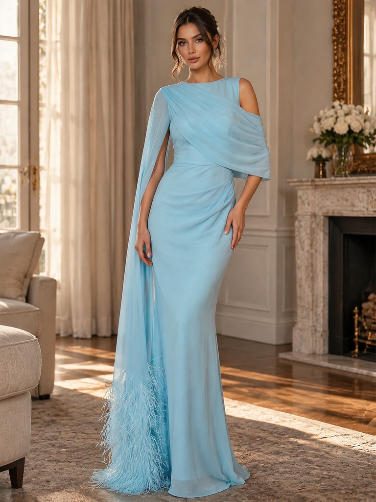 Dreamy Light Blue Asymmetrical Cape Chiffon Feather Mermaid Formal Dress,PDS118797