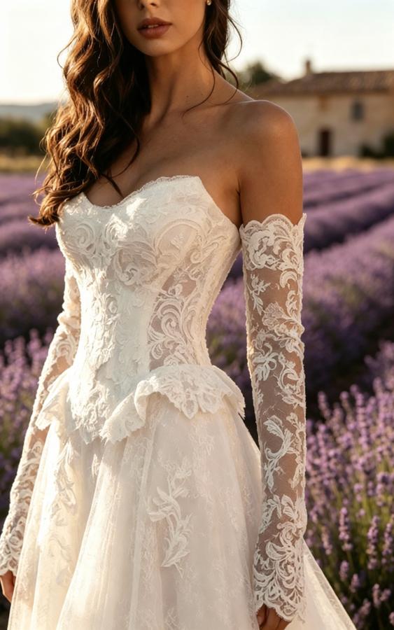 Luxury V-Neck Strapless Lace A-Line Floor Length Wedding Dresses, WD0374