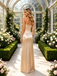 Champagne Smooth Satin Strapless Ruched Sheath Dress with Front Slit,PDS118555