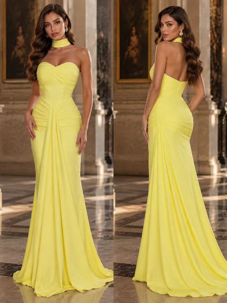 Vibrant Lemon Yellow Satin Strapless Choker Neck Pleated Mermaid Gown,PDS118826