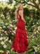 Stunning Red Lace Satin Halter V Neck Ruffled Slit Mermaid Formal Dress,PDS118746