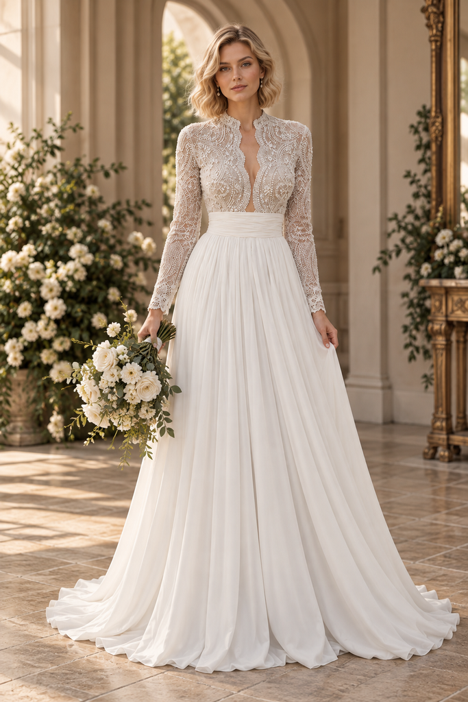 Exquisite High Collar Beaded Lace Long Sleeve Chiffon Wedding Dress, WD0414